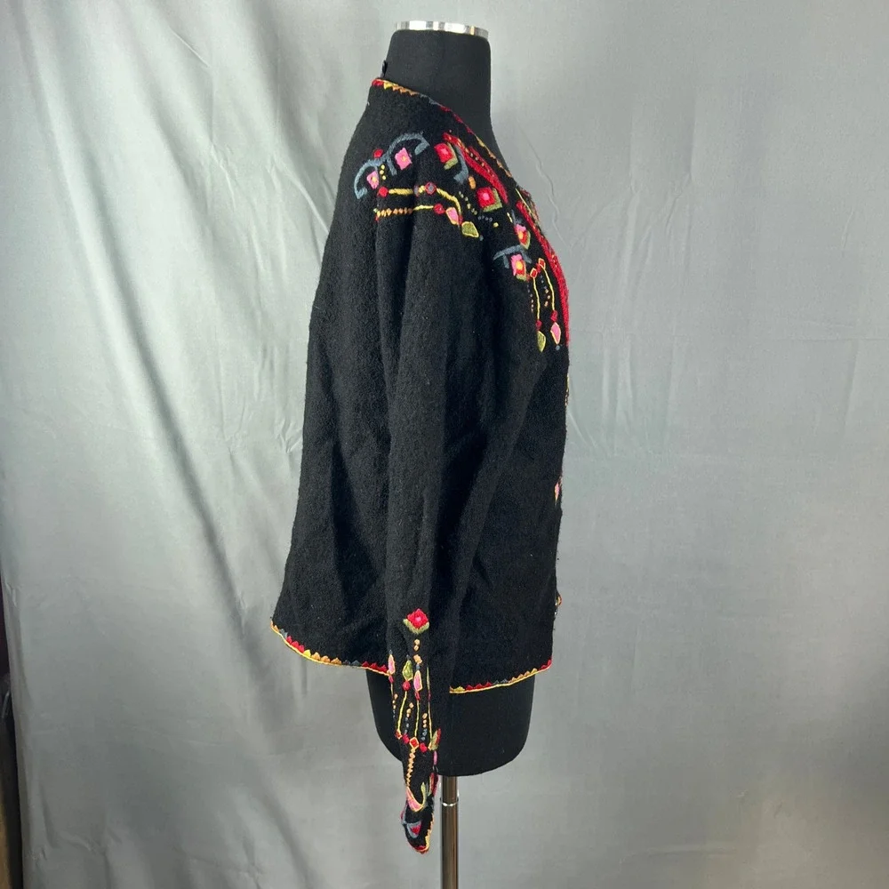 Vrikke Norwegian Cardigan Sweater Womens Black Intricate Embroidery Long Sleeve
